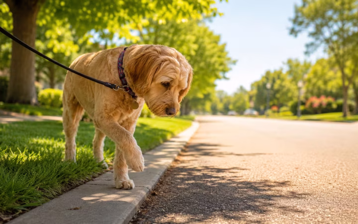 Dog walking near hot pavement during summer