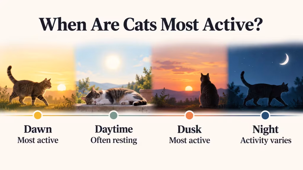 Timeline showing cats are commonly most active around dawn and dusk