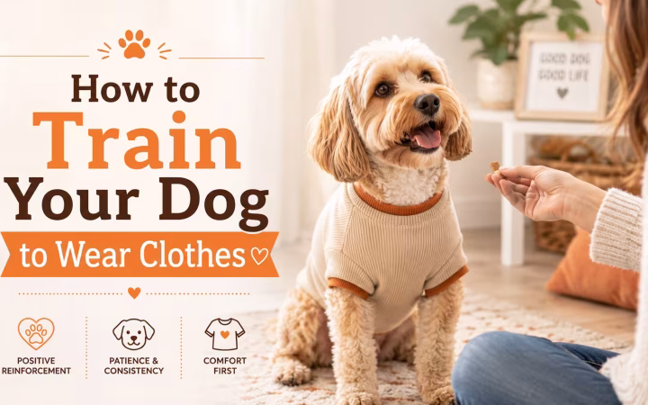 Dog wearing a sweater during positive clothing training