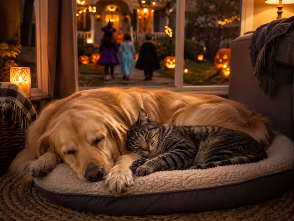 Cat and dog relaxing in a quiet room during Halloween