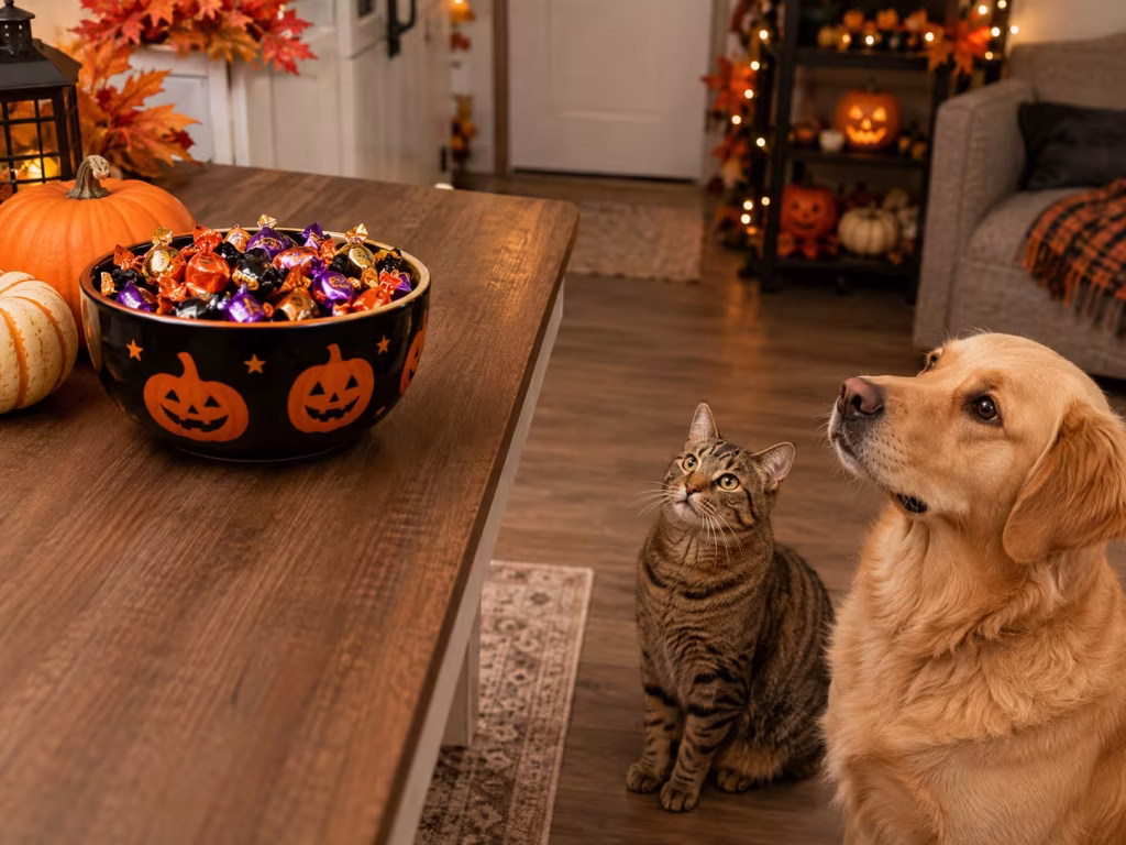 Halloween candy kept safely away from a cat and dog