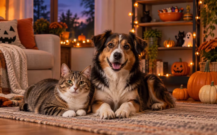 Cat and dog relaxing safely in a Halloween-decorated home