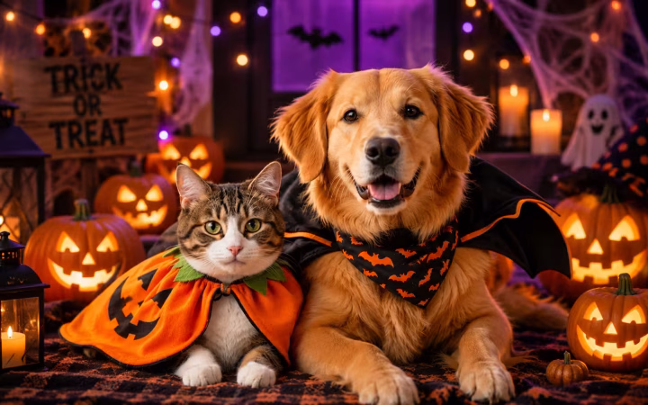 Cat and dog wearing comfortable Halloween costumes at home