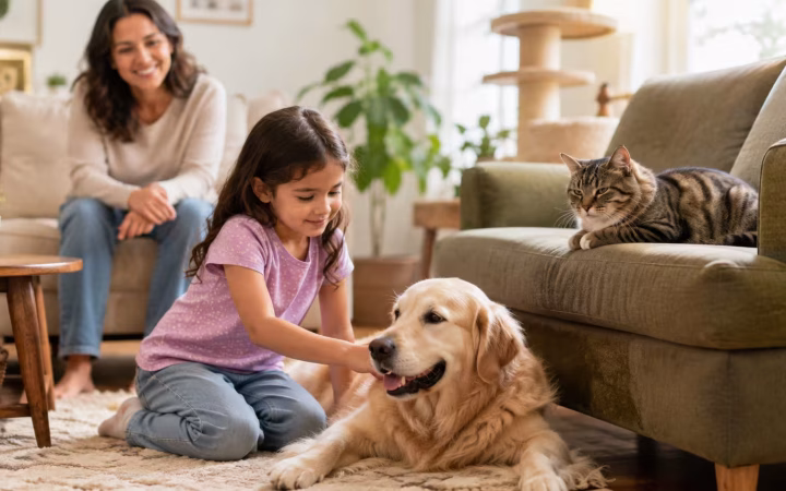 Child gently interacting with a dog and cat while an adult supervises