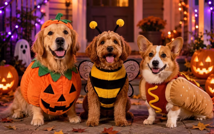 Dogs wearing fun Halloween costumes with pumpkins