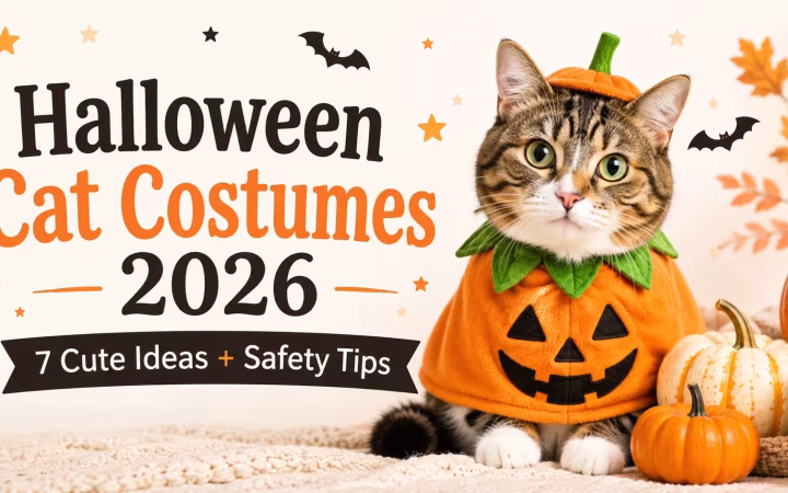 Cat wearing a pumpkin Halloween costume with pumpkins and Halloween decorations