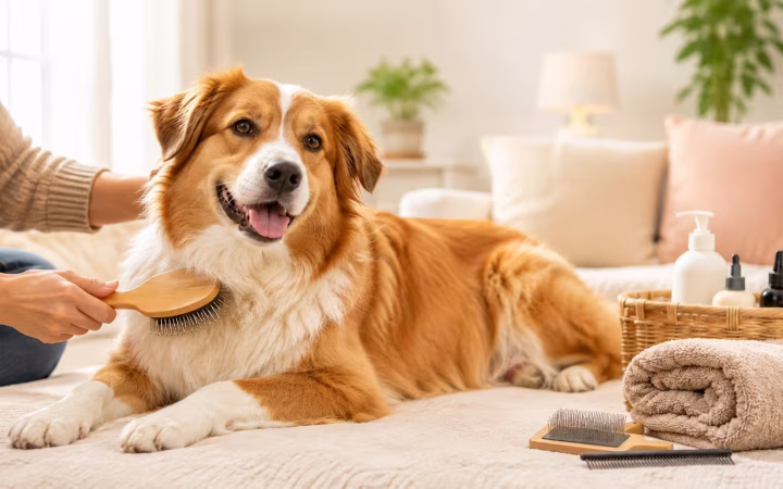 Dog being brushed during an at-home grooming session