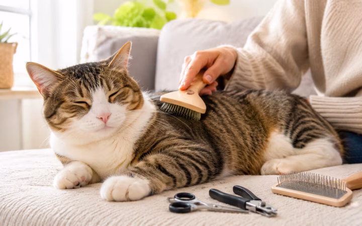 Cat being brushed during an at-home grooming session